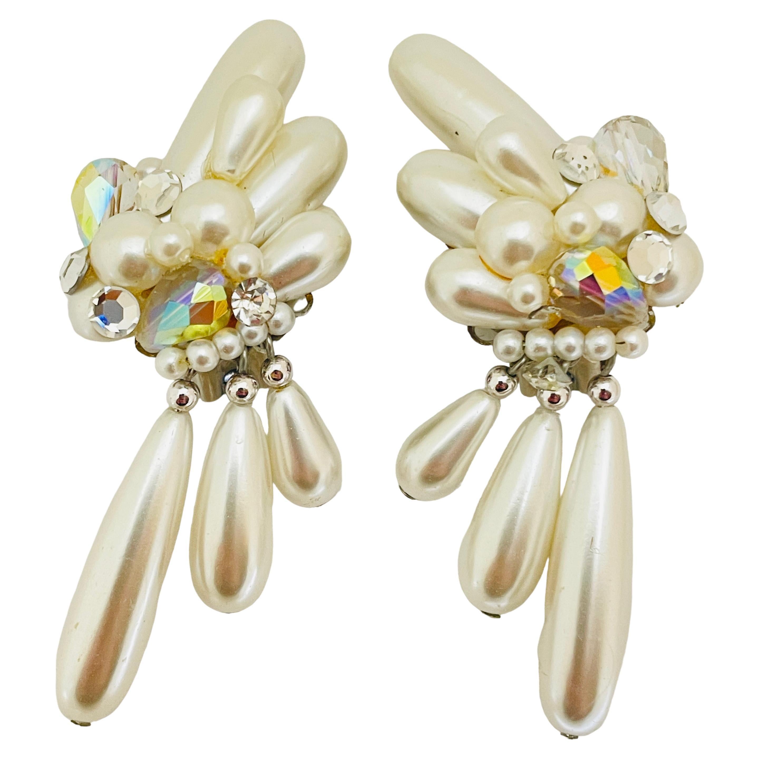 Vintage Perle Kristall Tropfen Clip auf 80er Jahre Ohrringe   im Angebot