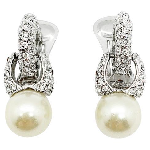 Vintage Pearl & Crystal Huggie Drop Earrings 1980s For Sale