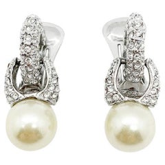 Vintage Pearl & Crystal Huggie Drop Earrings 1980s