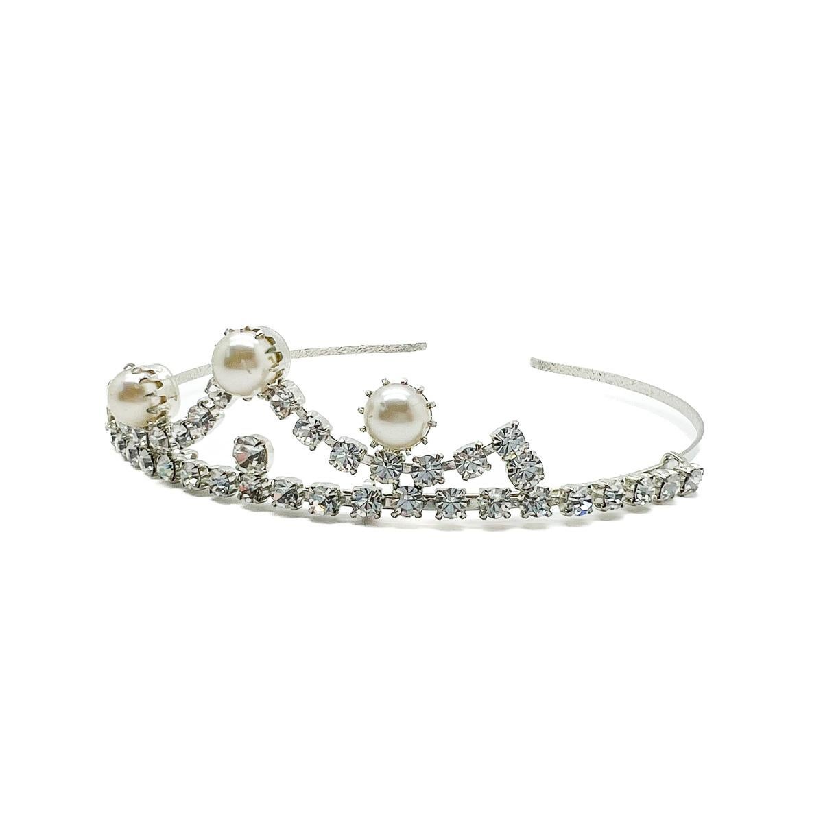 Gray Vintage Pearl & Crystal Tiara 1980s For Sale