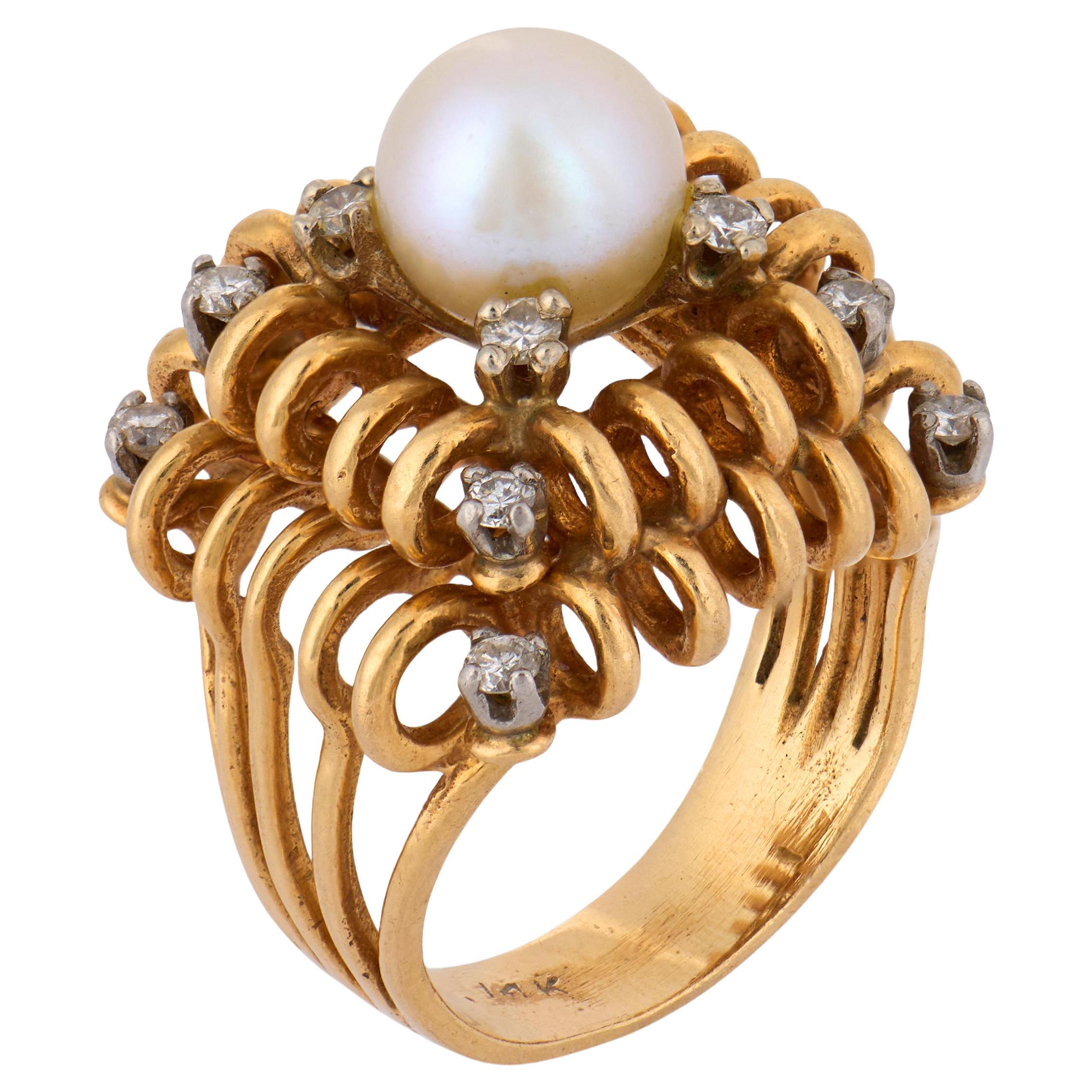 Bague de cocktail vintage en or 14k avec perles et diamants