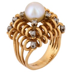 Bague de cocktail vintage en or 14k avec perles et diamants
