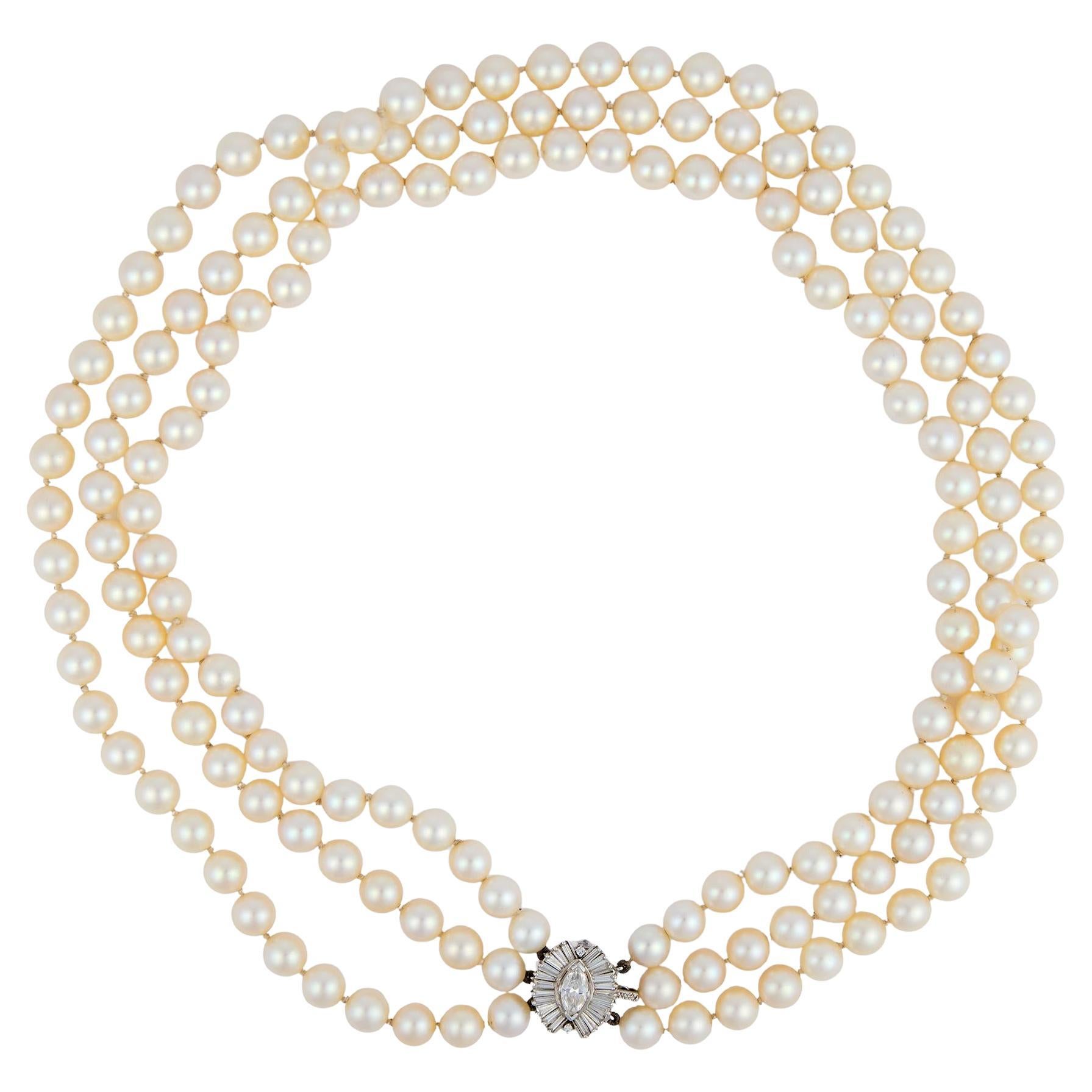 Vintage pearl diamond 14k white gold 3 strand necklace