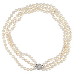 Vintage pearl diamond 14k white gold 3 strand necklace