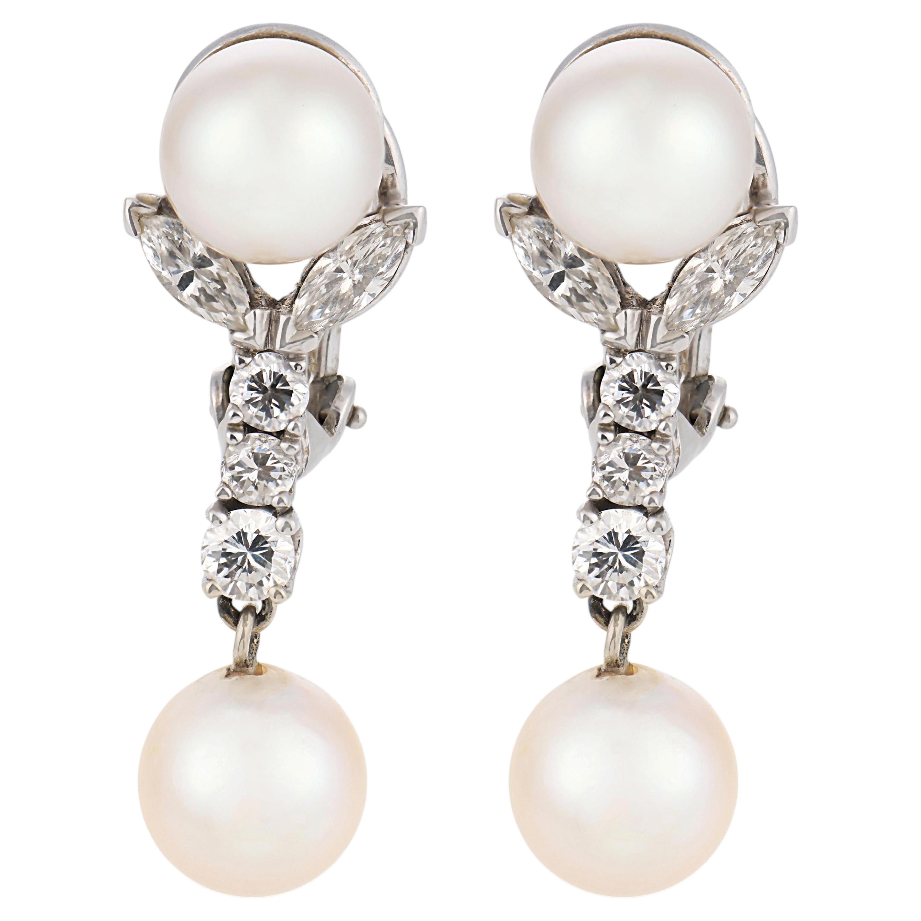 Vintage pearl diamond 14k white gold drop earrings