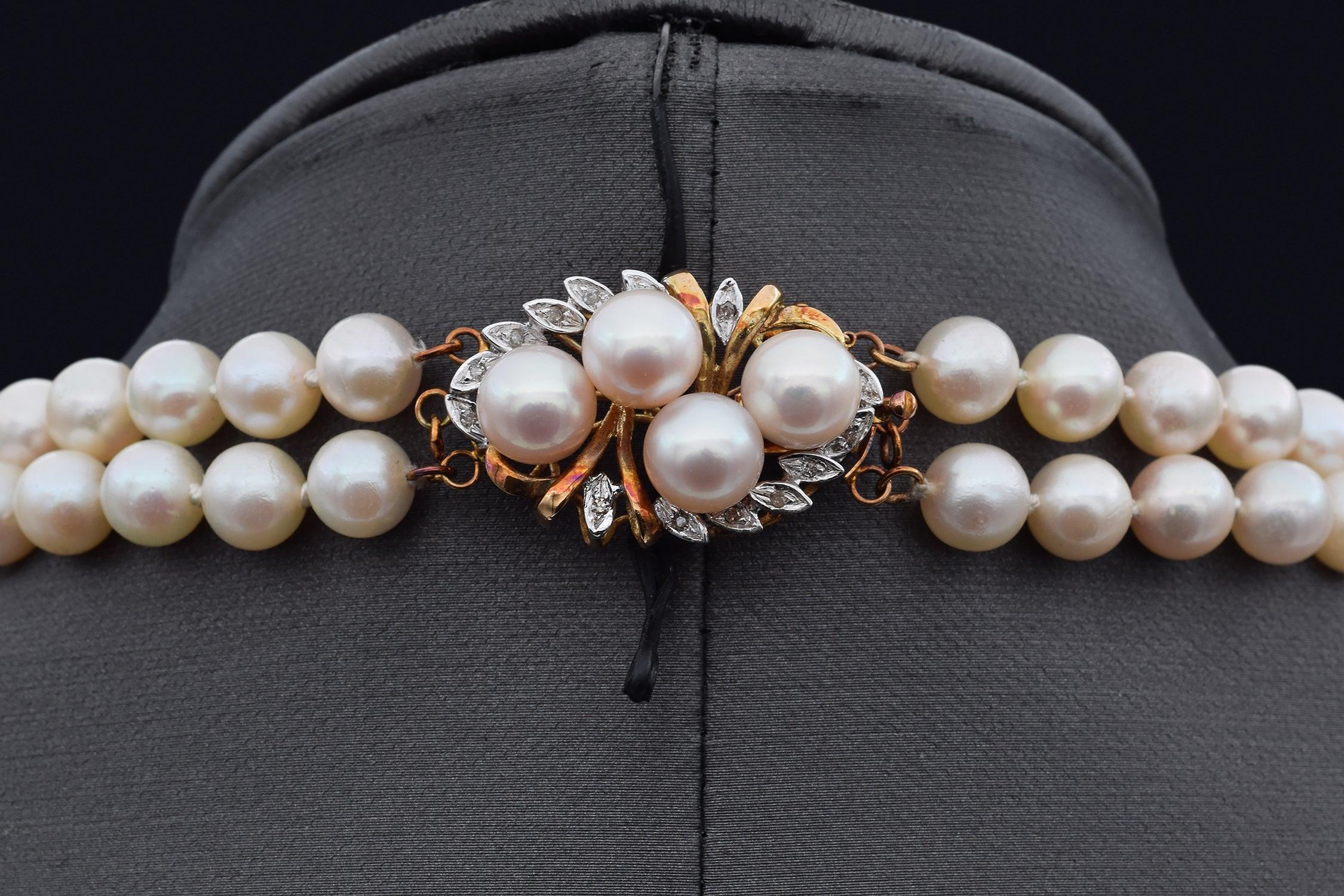 Collar vintage de dos vueltas con perlas y diamantes en oro amarillo de 14 quilates en venta 2