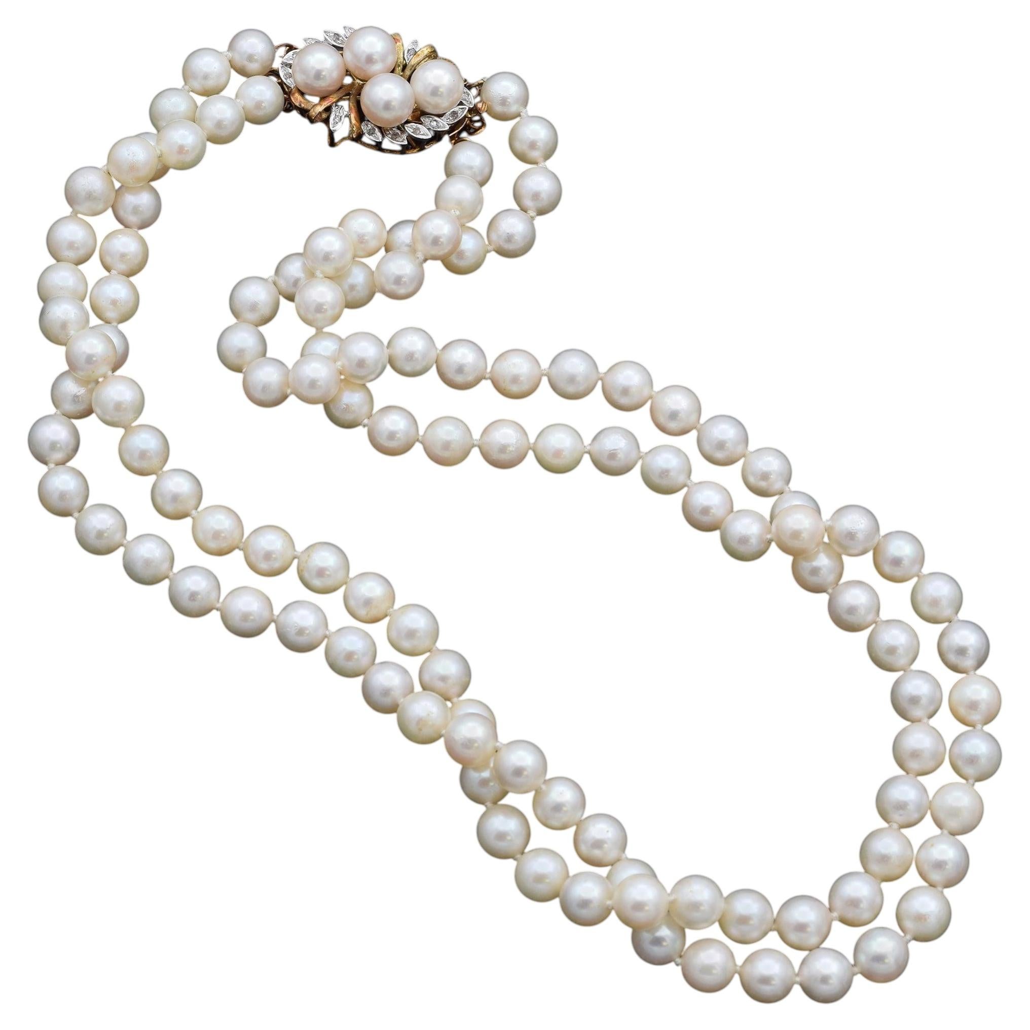 18K Yellow Gold 9 Strand Pearl Necklace with Diamond Clasp For Sale at ...