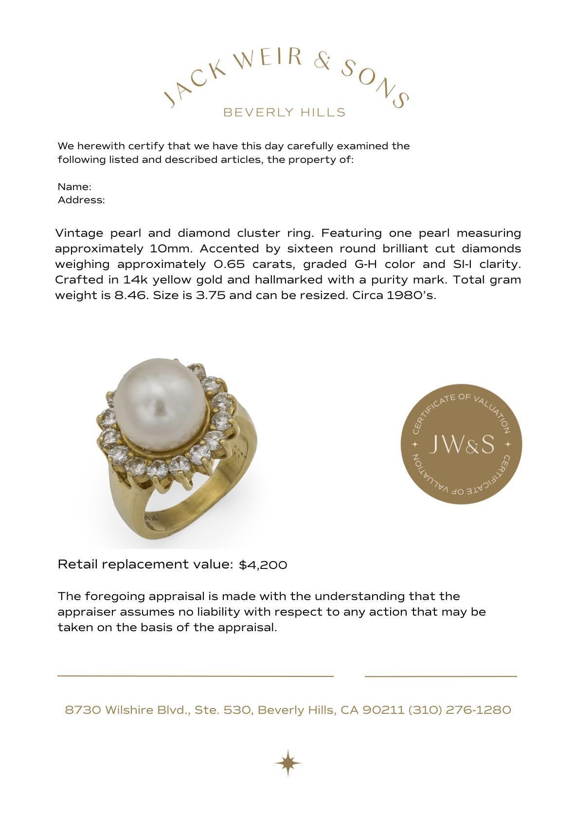 Anillo racimo vintage perla diamante oro amarillo 14k en venta 2