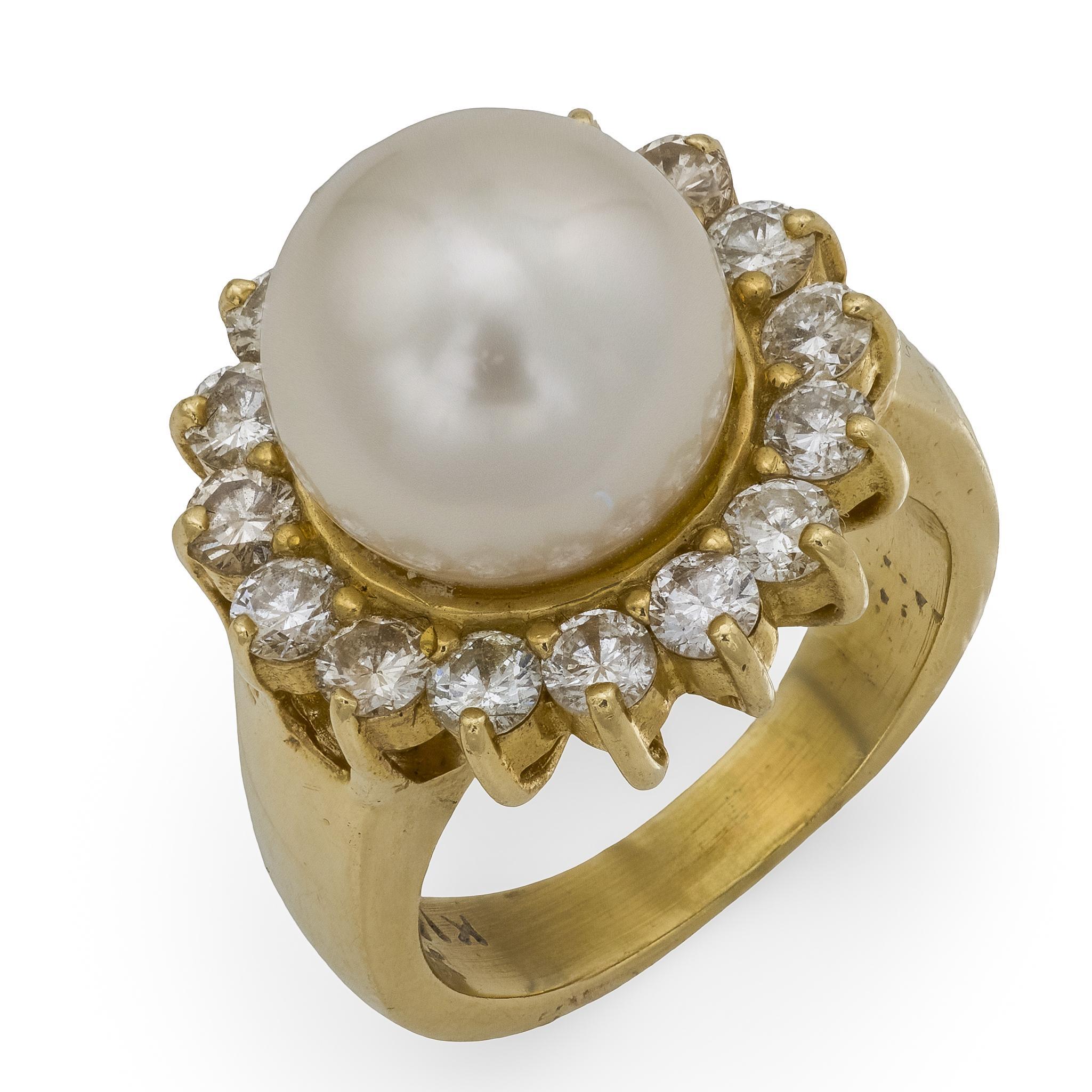 Vintage Perle Diamant 14k Gelbgold Cluster Ring