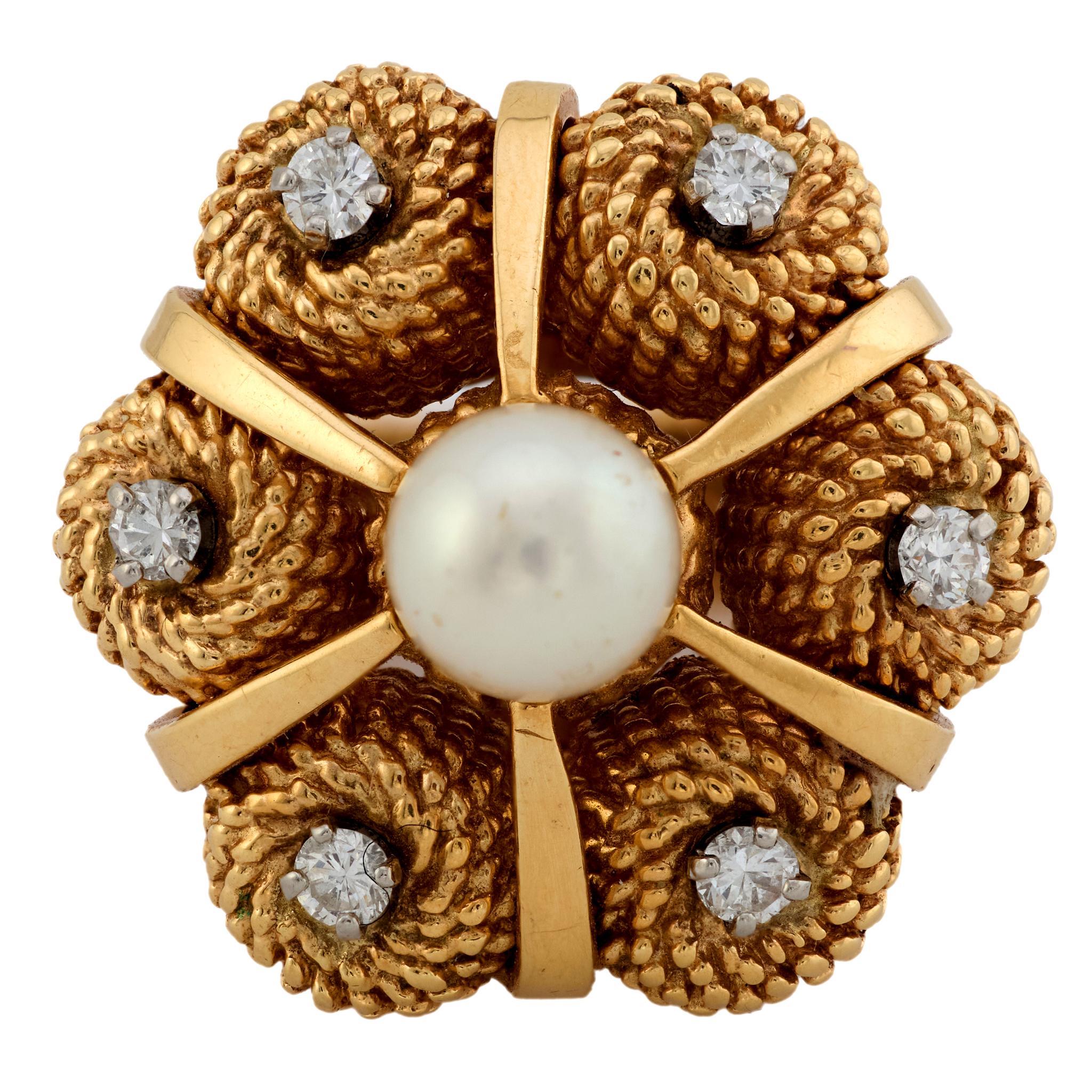 Anillo cóctel vintage perla diamante oro amarillo 14k Contemporáneo en venta