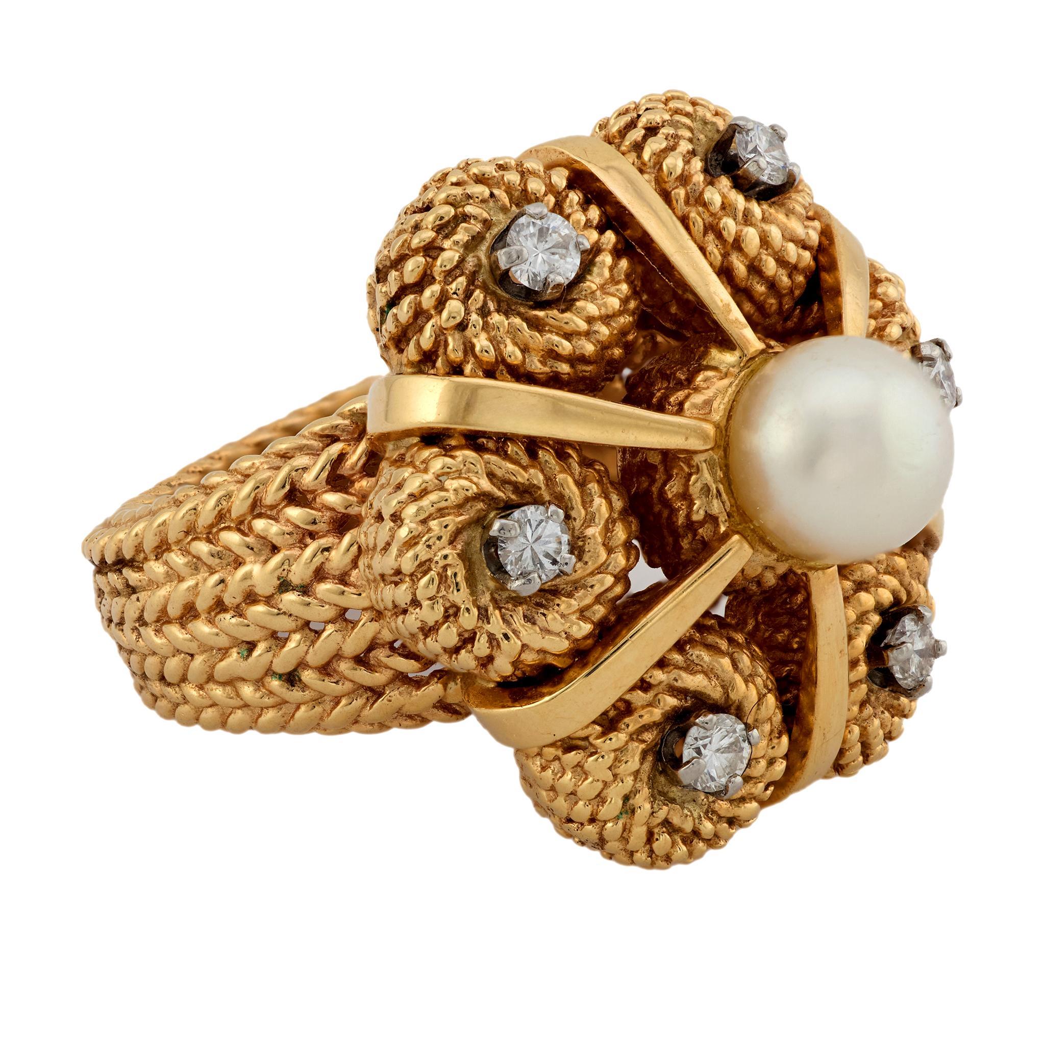 Anillo cóctel vintage perla diamante oro amarillo 14k Corte brillante en venta