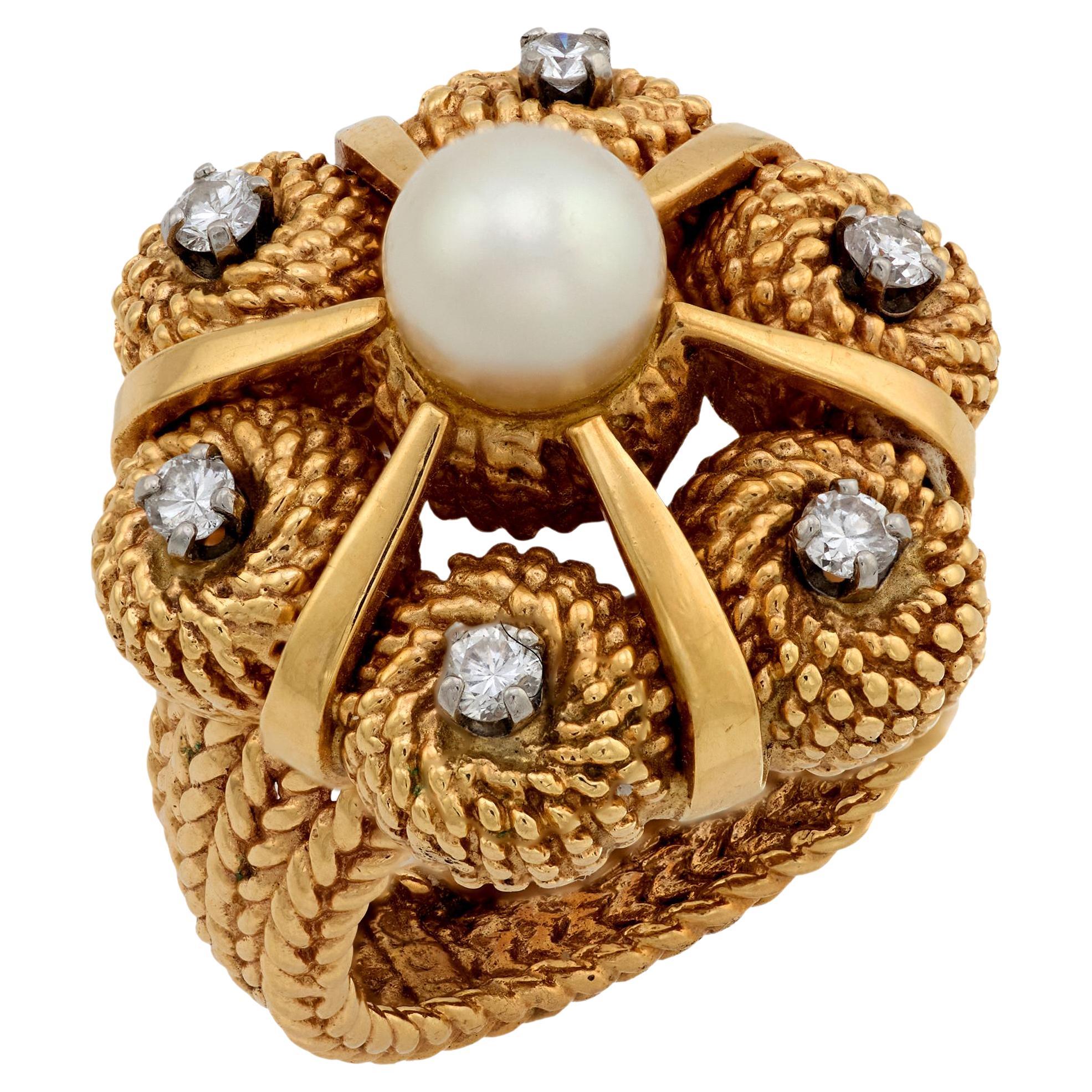Anillo cóctel vintage perla diamante oro amarillo 14k en venta