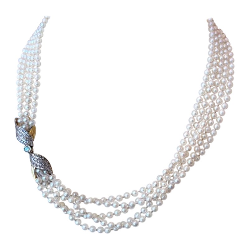 Collar vintage de perlas y diamantes de oro de 18 quilates de 5 vueltas