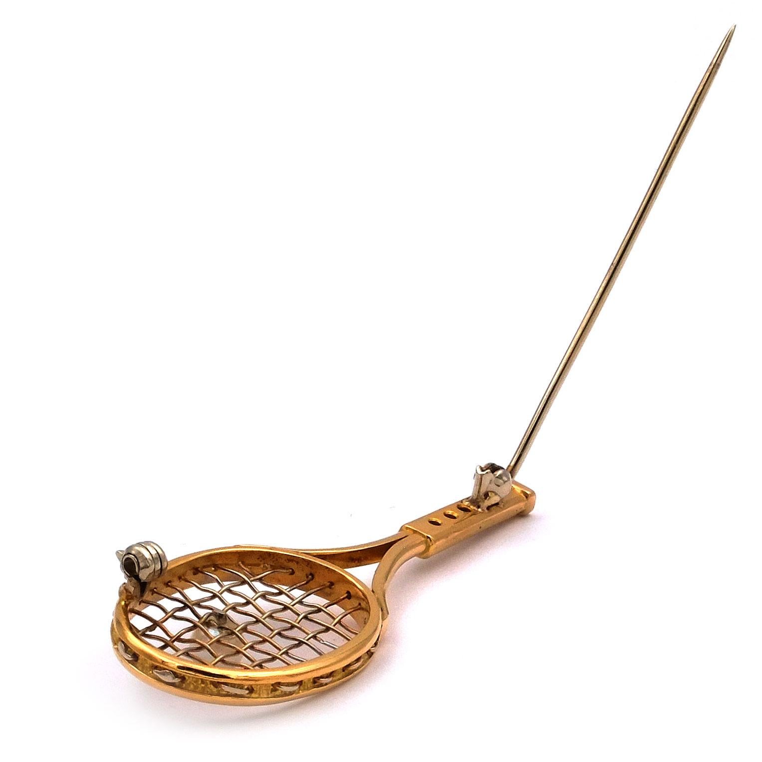 Modern Vintage Pearl Diamond 18k Gold and Platinum Tennis Racket Brooch