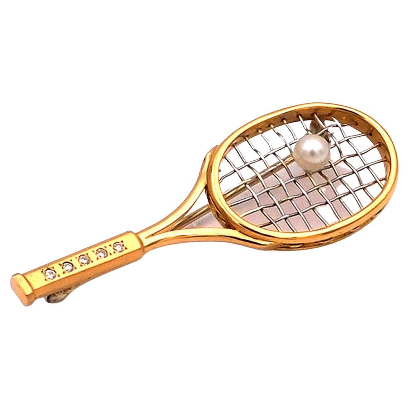 Vintage Pearl Diamond 18k Gold and Platinum Tennis Racket Brooch