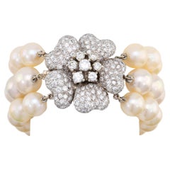 Vintage Pearl Diamond 18K White Gold Bracelet With Flower Clasp