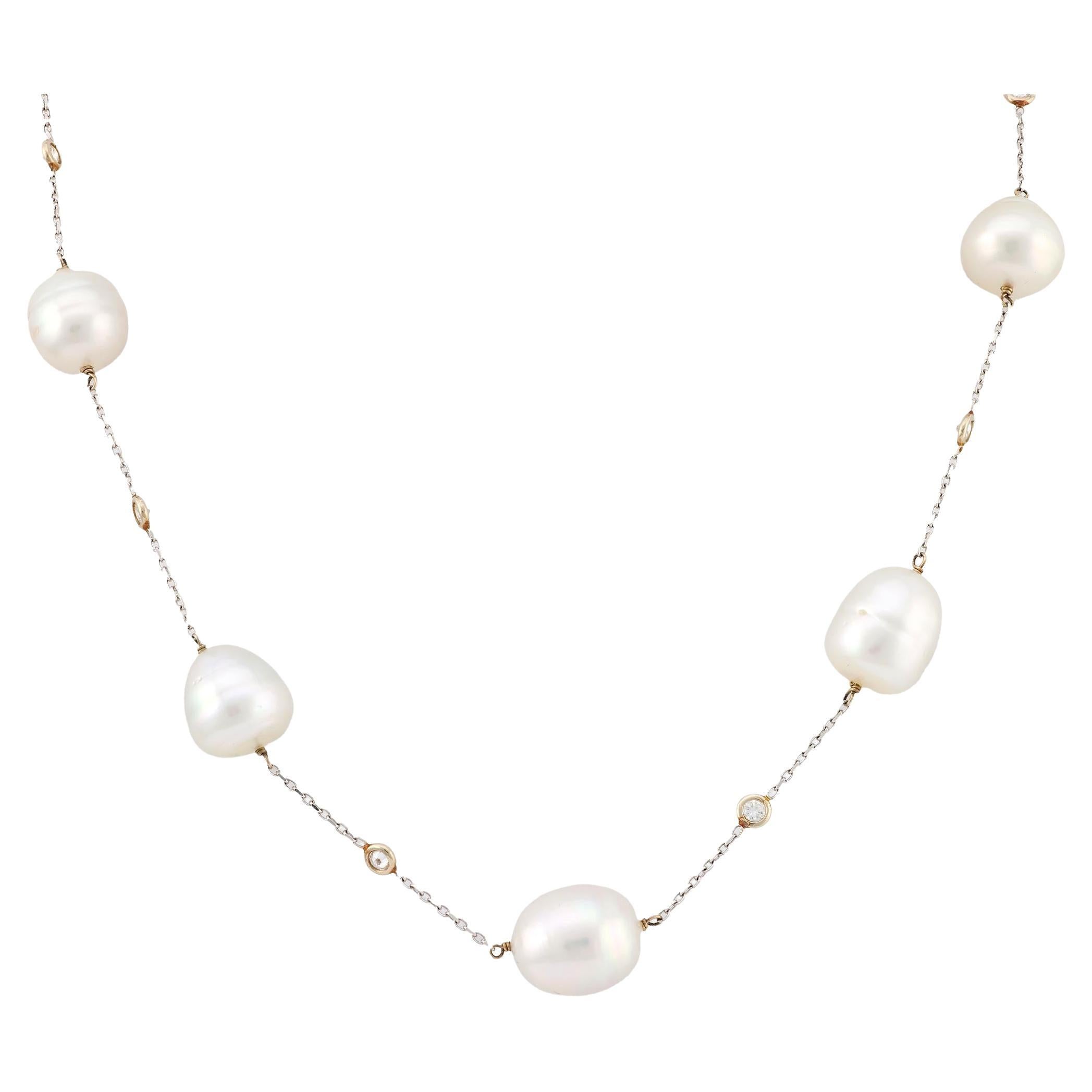 Vintage pearl diamond 18k white gold necklace