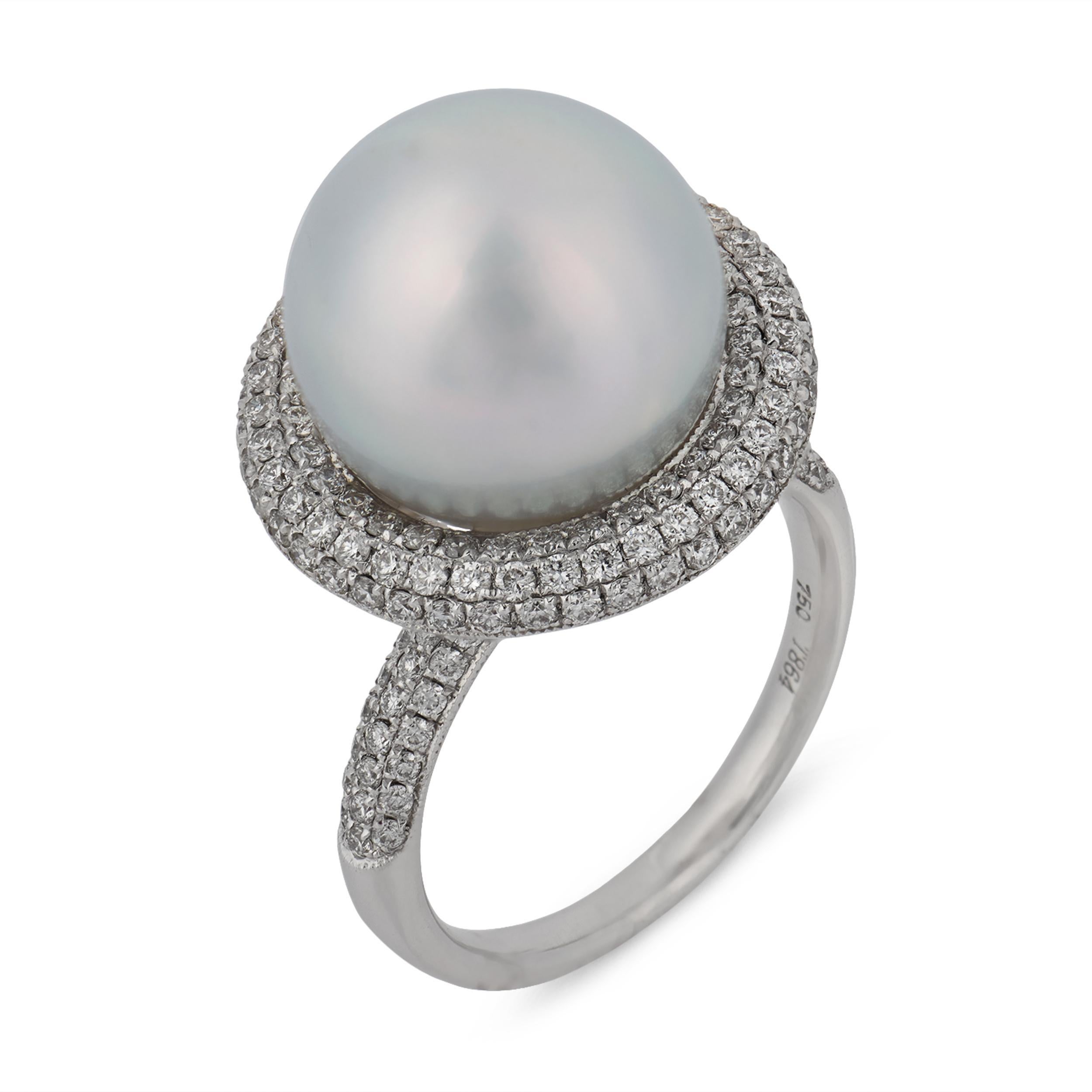 Vintage pearl diamond 18k white gold pave cocktail ring For Sale