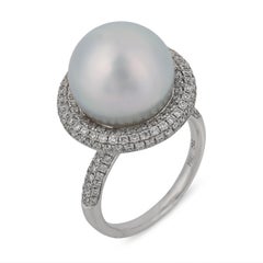 Vintage pearl diamond 18k white gold pave cocktail ring