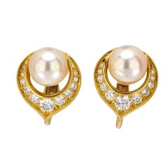 Vintage pearl diamond 18k yellow gold clip-on earrings