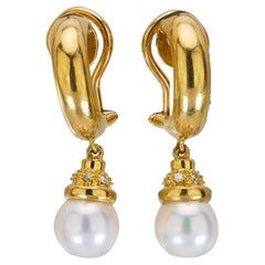 Vintage Tropfenohrringe aus 18 Karat Gelbgold mit Perlen und Diamanten