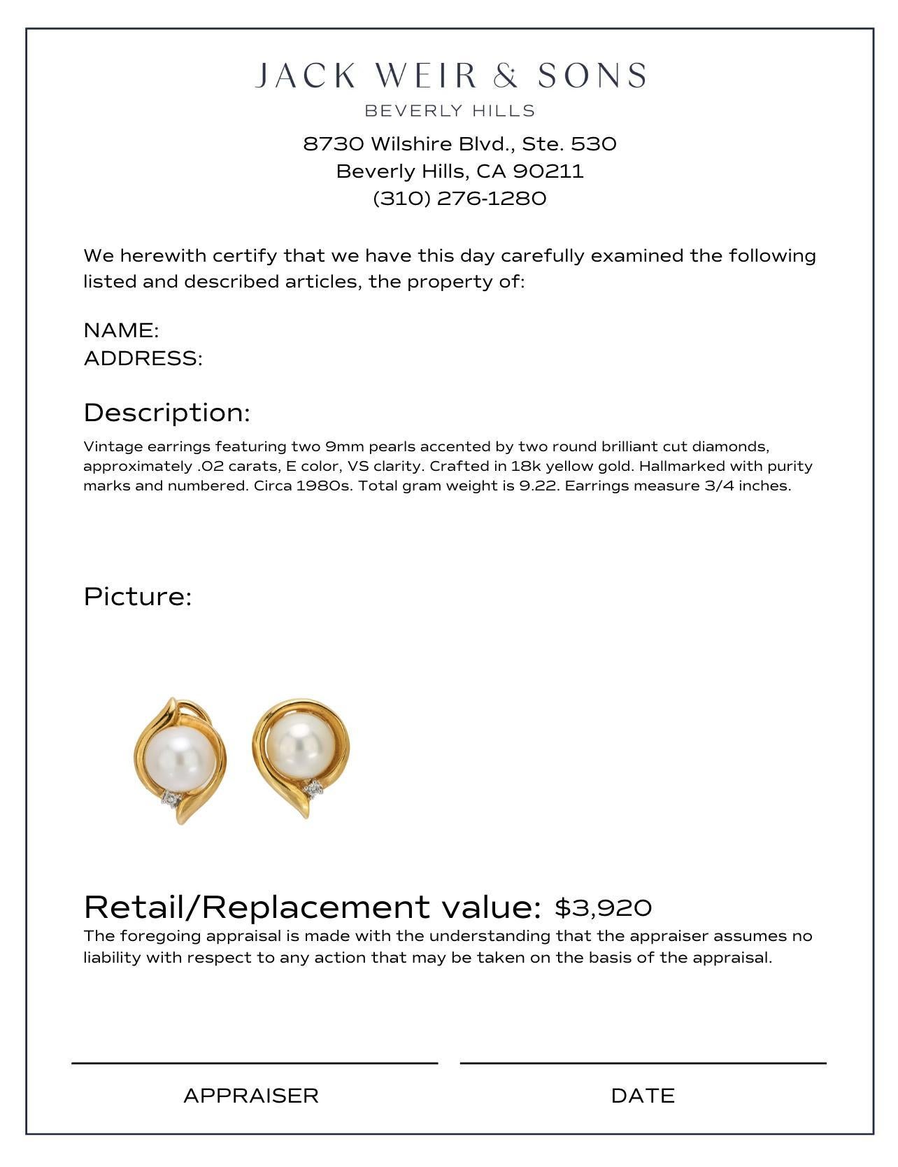 Round Cut Vintage pearl diamond 18k yellow gold earrings