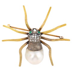 Broche araignée vintage perle diamant or jaune 18k argent