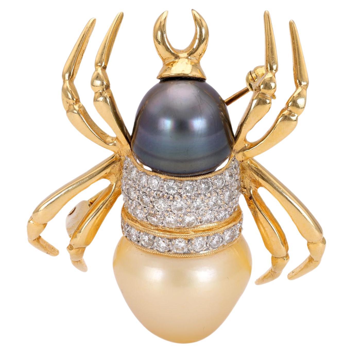 Broche araignée vintage en or jaune 18k avec perles et diamants