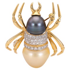 Broche araignée vintage en or jaune 18k avec perles et diamants