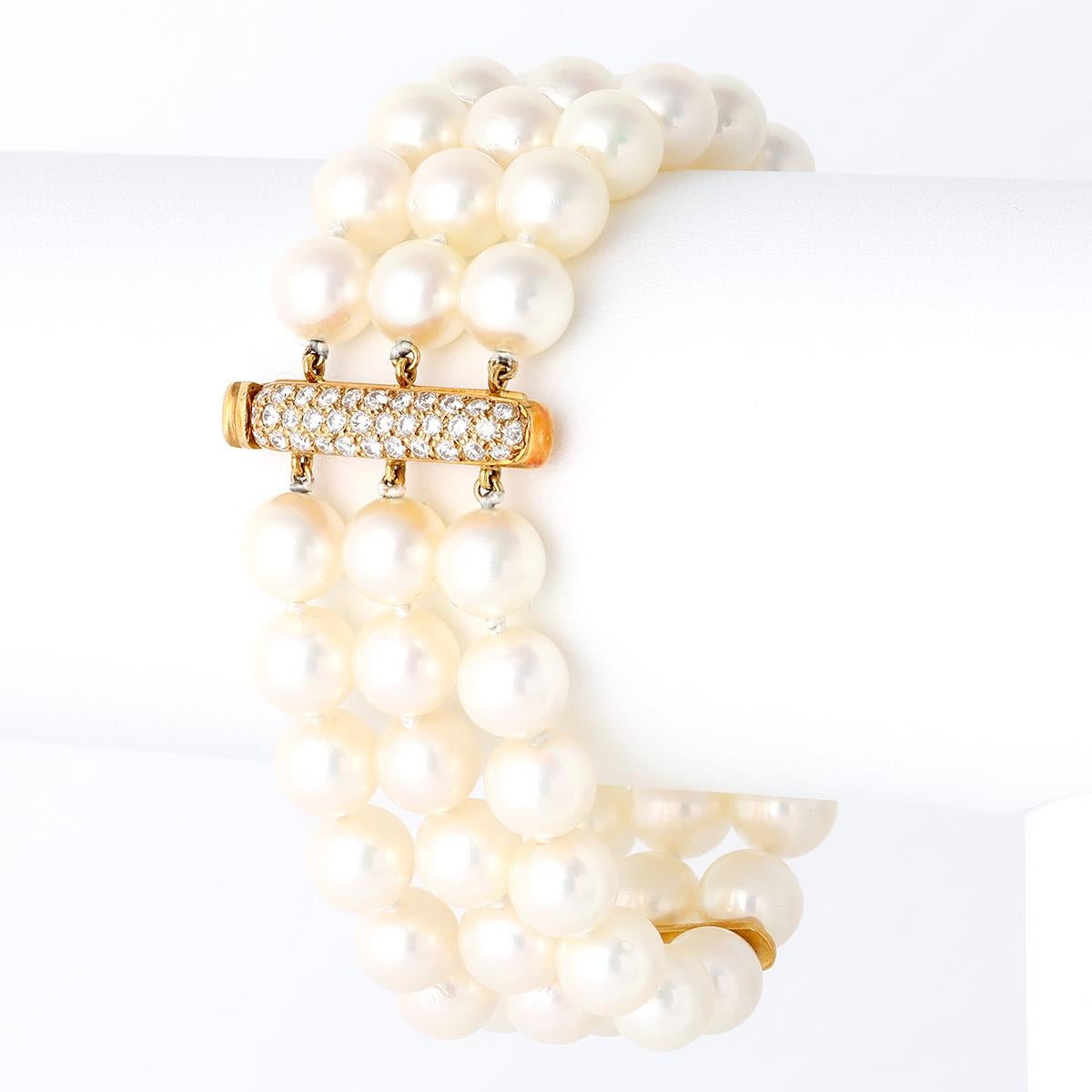 Women's or Men's Vintage Pearl Diamond 18k Yellow Gold Three Strand Bracelet For Sale