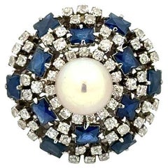 Bague de cocktail dôme en or avec perles, diamants et saphirs Vintage