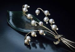 Vintage Pearl Diamond Carved Jade Lily of The Valley Brooch