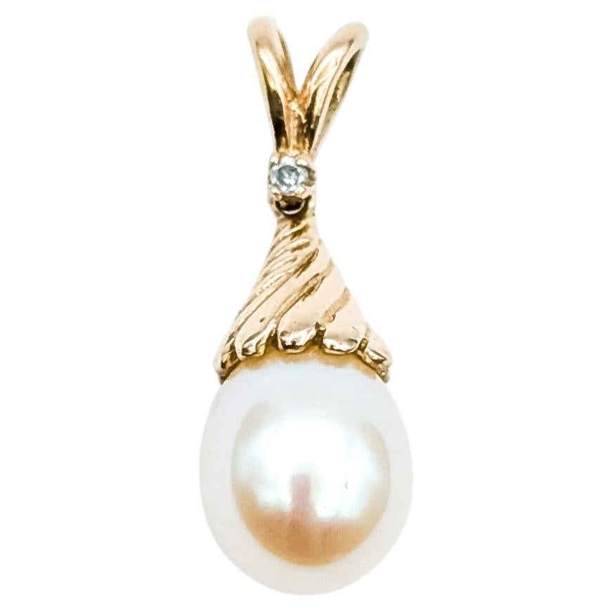 Vintage Pearl & Diamond Drop Pendant in 14k Rose Gold For Sale