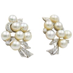 Vintage Pearl Diamond Earrings in 14 Karat White Gold