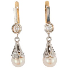 Vintage Pearl Diamond Gold Drop Earrings