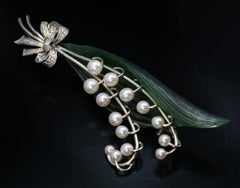 Vintage Pearl Diamond Jade Lily of the Valley Brooch c. 1940