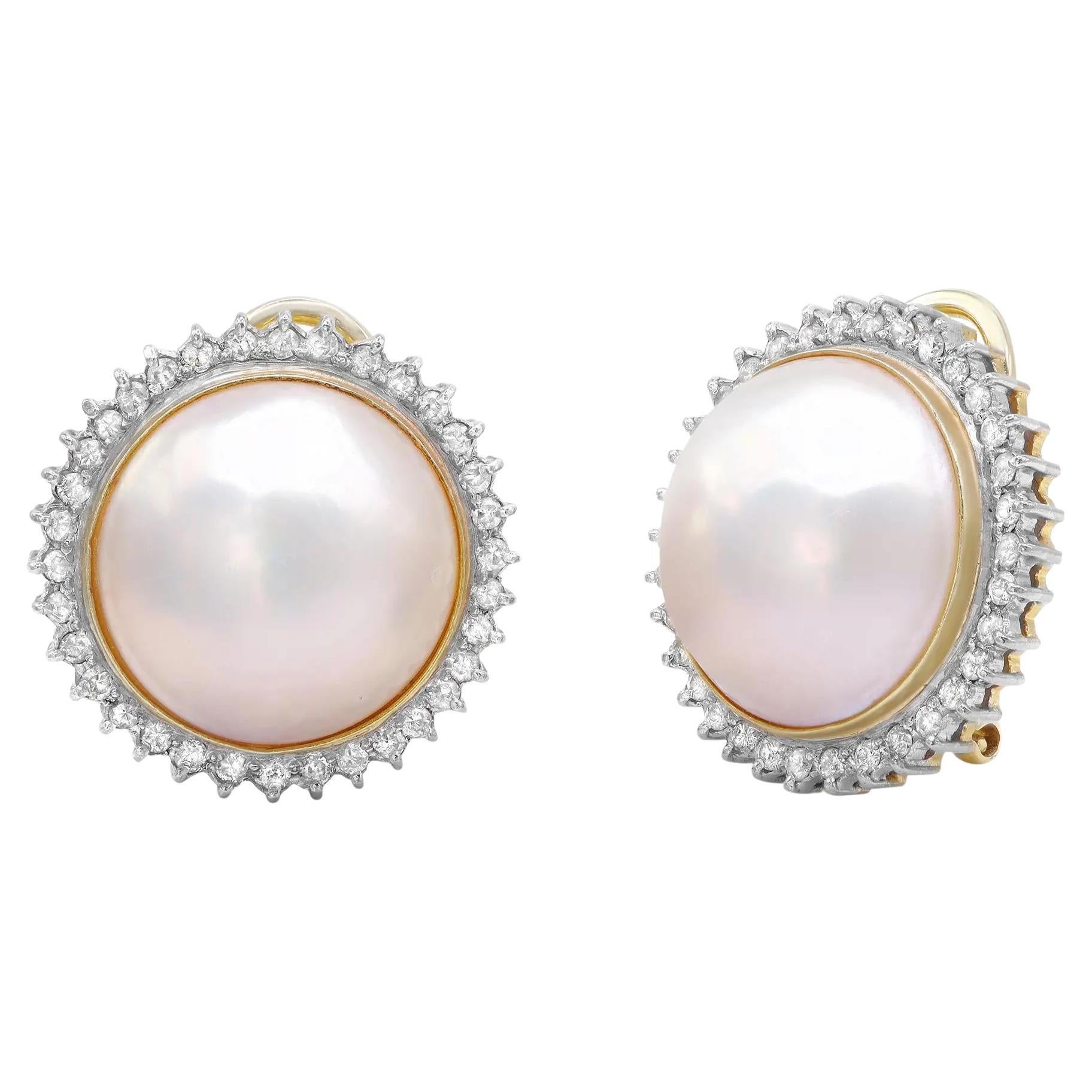 Vintage Pearl & Diamond Ladies Earrings 14K Yellow Gold 0.68cttw For Sale