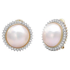 Retro Pearl & Diamond Ladies Earrings 14K Yellow Gold 0.68cttw