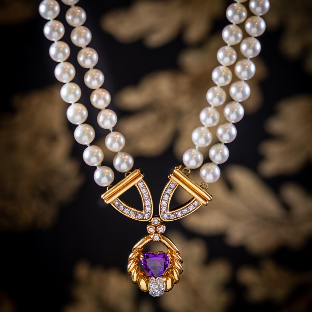 Collier lavallière vintage en perles et diamants avec cœur en améthyste, c. 1960 en vente 5