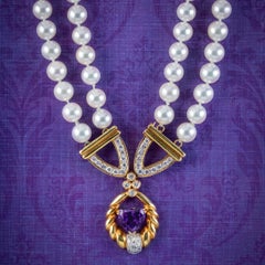 Vintage Pearl Diamond Lavaliere Necklace Amethyst Heart Circa 1960