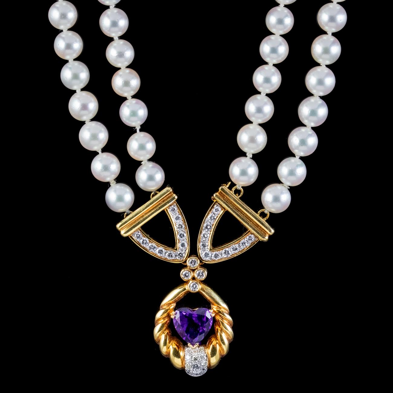 Taille brillant Collier lavallière vintage en perles et diamants avec cœur en améthyste, c. 1960 en vente