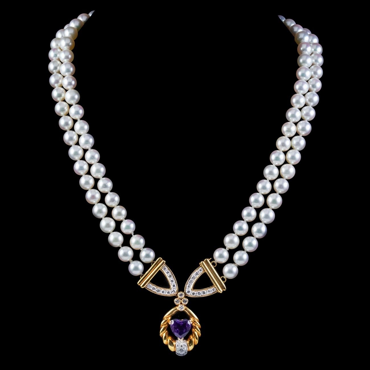 Vintage Perlen-Diamant-Lavaliere-Halskette Amethyst-Herz um 1960 im Zustand „Gut“ im Angebot in Kendal, GB