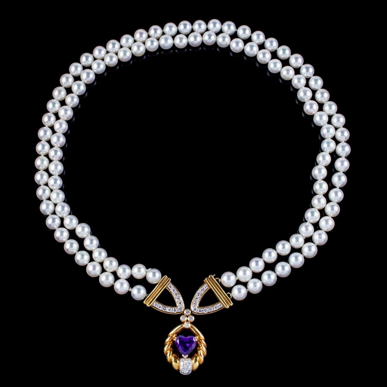 Brilliant Cut Vintage Pearl Diamond Lavaliere Necklace Amethyst Heart Circa 1960 For Sale