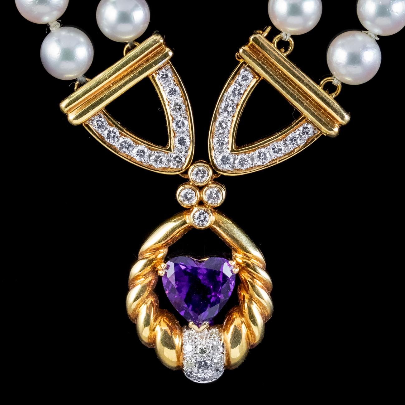 Vintage Pearl Diamond Lavaliere Necklace Amethyst Heart Circa 1960 In Good Condition For Sale In Kendal, GB