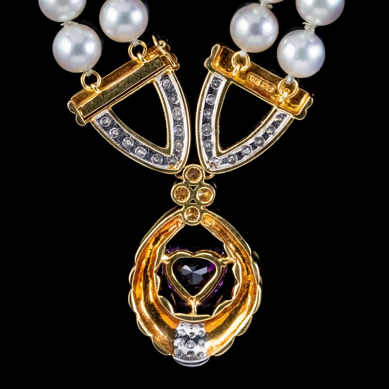 Women's Vintage Pearl Diamond Lavaliere Necklace Amethyst Heart Circa 1960 For Sale