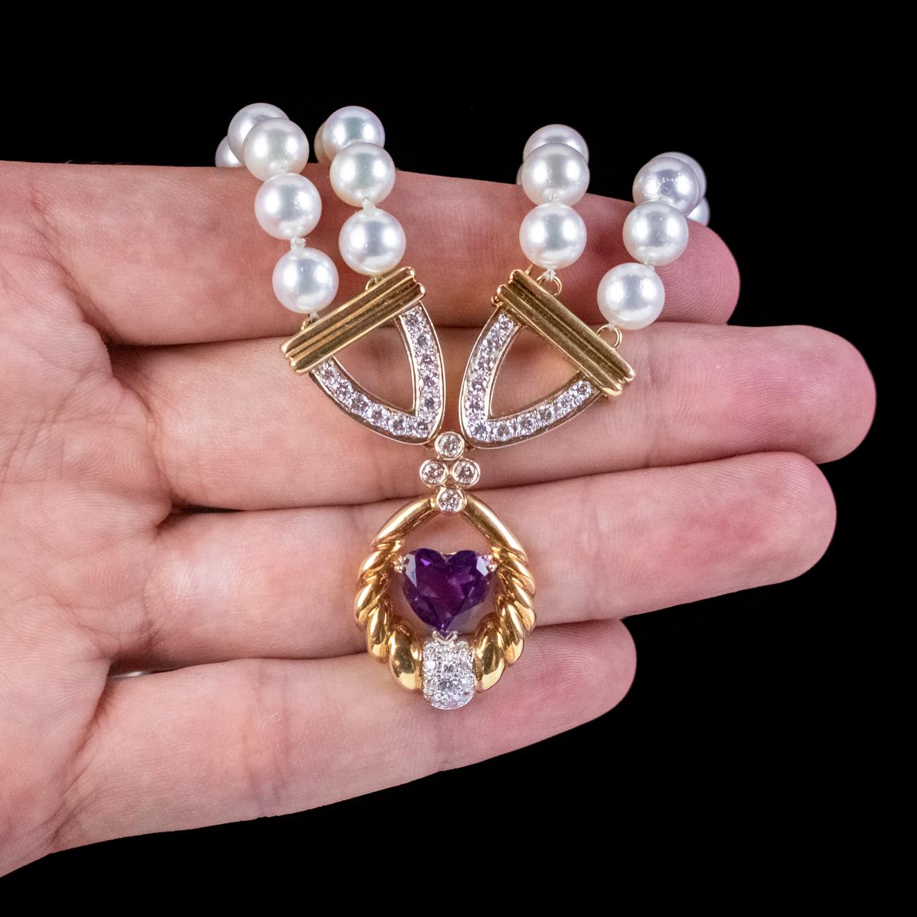 Vintage Pearl Diamond Lavaliere Necklace Amethyst Heart Circa 1960 For Sale 2
