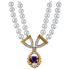 Collier lavallière vintage en perles et diamants avec cœur en améthyste, c. 1960
