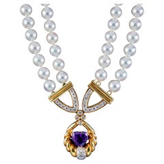 Vintage Pearl Diamond Lavaliere Necklace Amethyst Heart Circa 1960