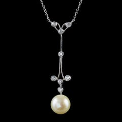 Vintage Pearl Diamond Lavaliere Pendant Necklace 18 Carat White Gold
