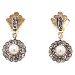 Vintage Art Deco Pearl, Diamond, Platinum & Gold Dangle Earrings
